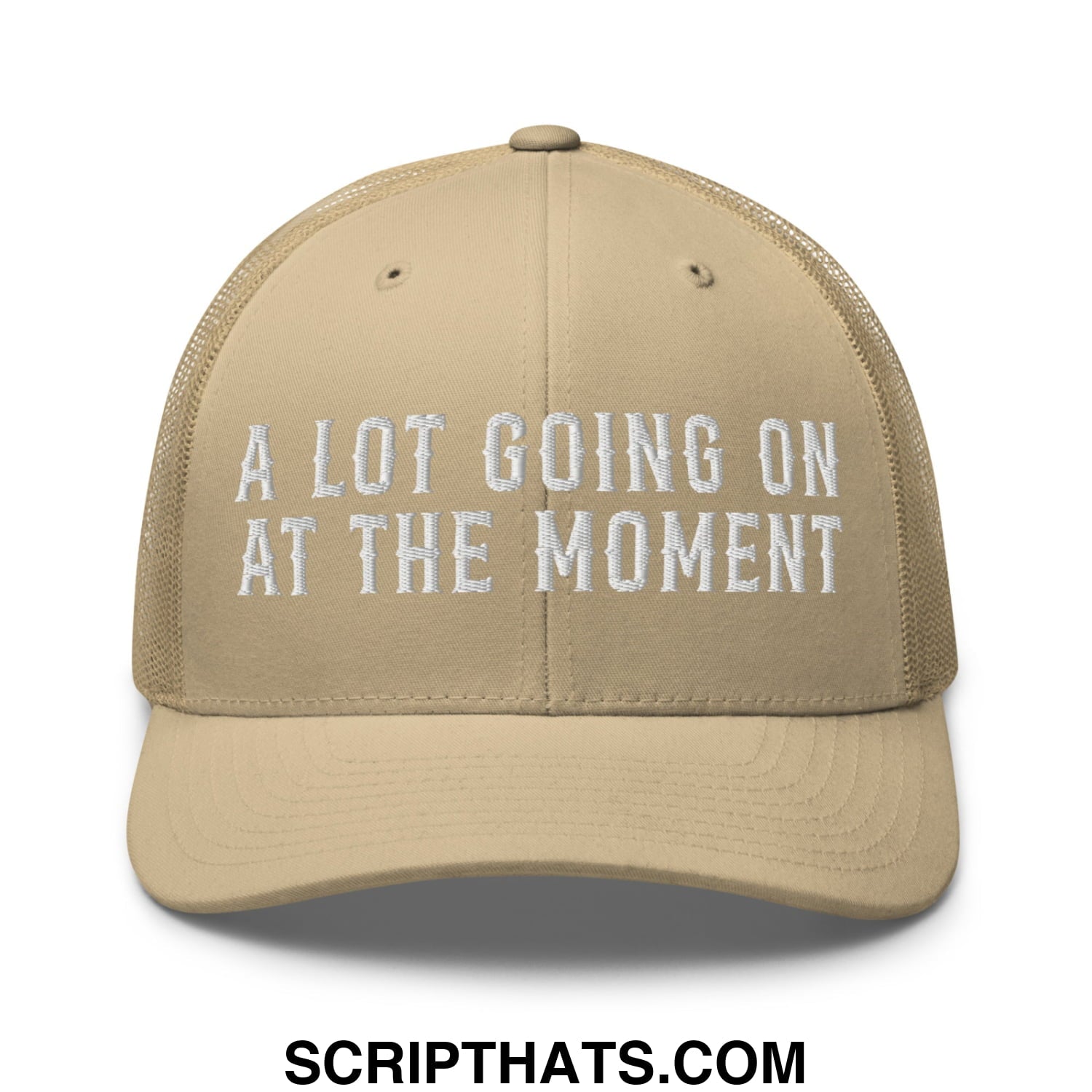 A Lot Going On At The Moment Embroidered Mesh Trucker Hat Khaki