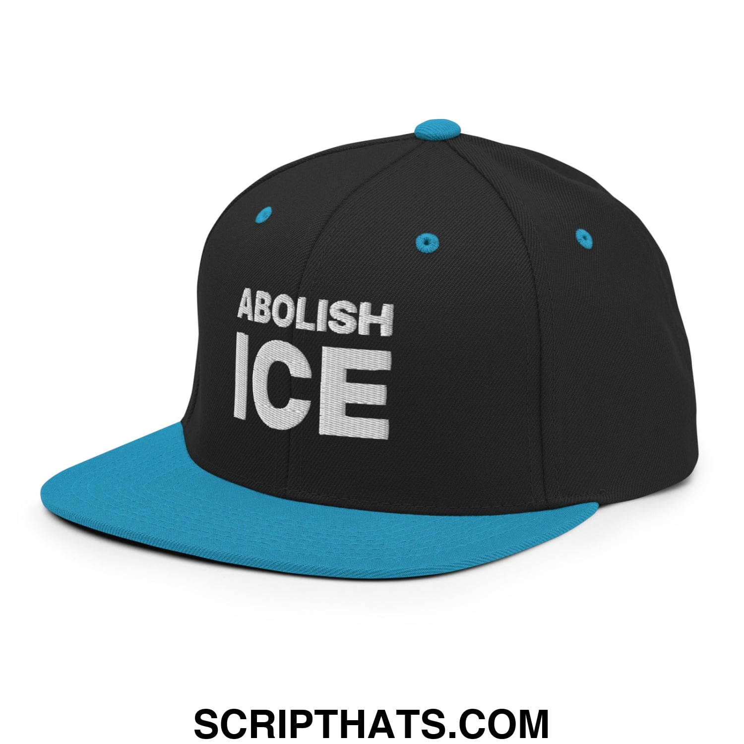 Black snapback cap with teal flat bill brim and bold white abolish ice embroidered lettering