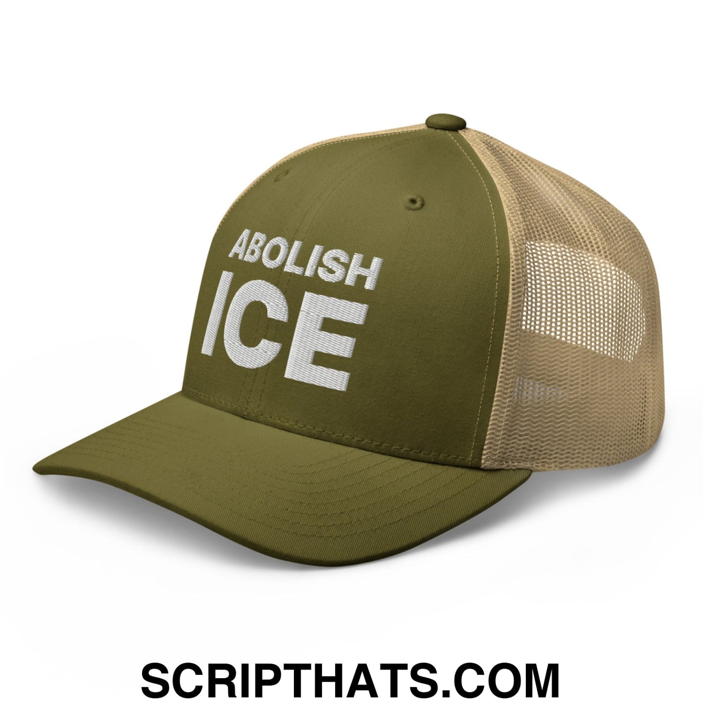 Abolish ICE Embroidered Mesh Trucker Hat Moss Khaki