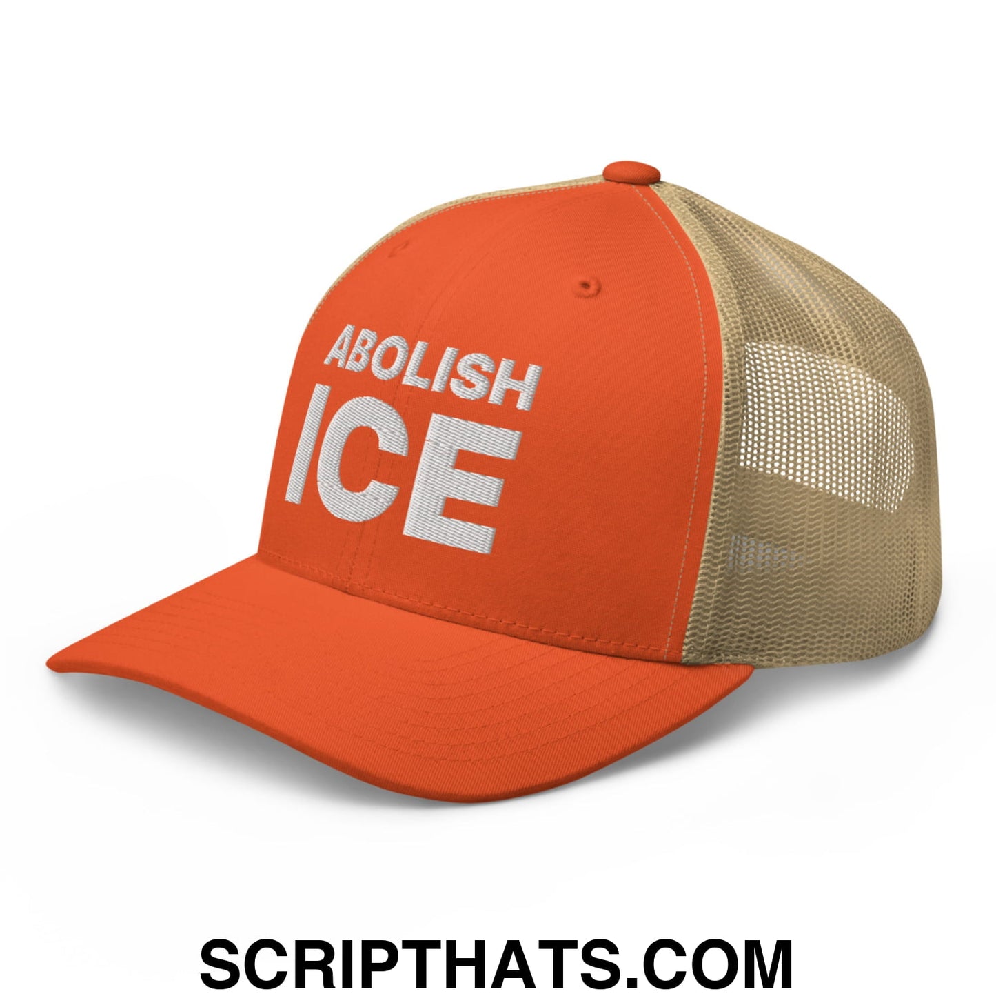 Abolish ICE Embroidered Mesh Trucker Hat Rustic Orange Khaki