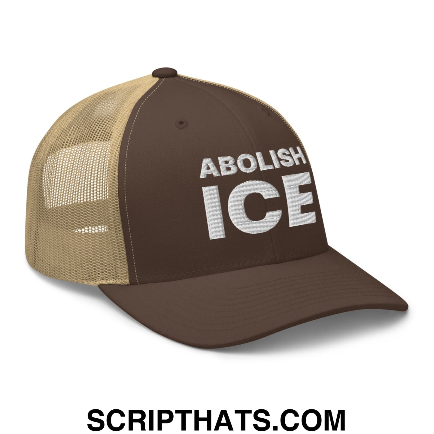 Abolish ICE Embroidered Mesh Trucker Hat Brown Khaki