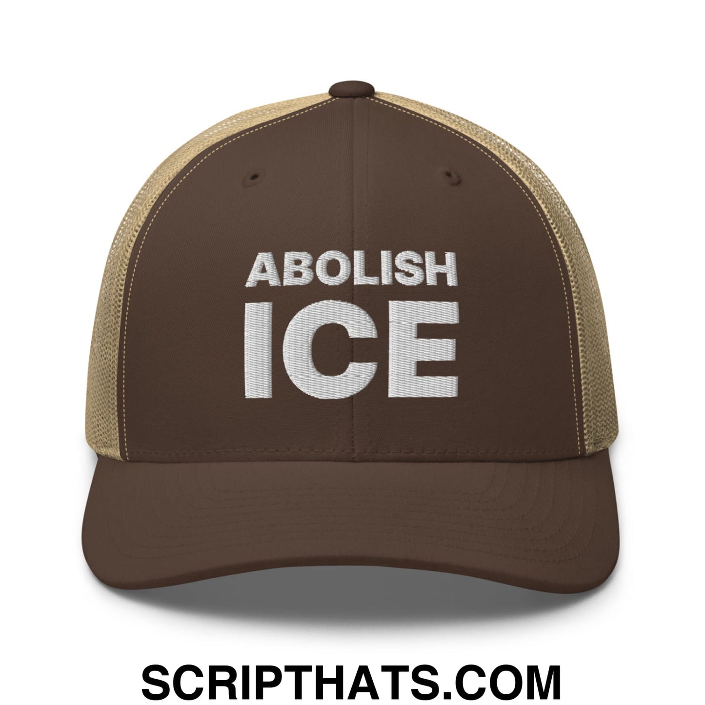 Abolish ICE Embroidered Mesh Trucker Hat Brown Khaki