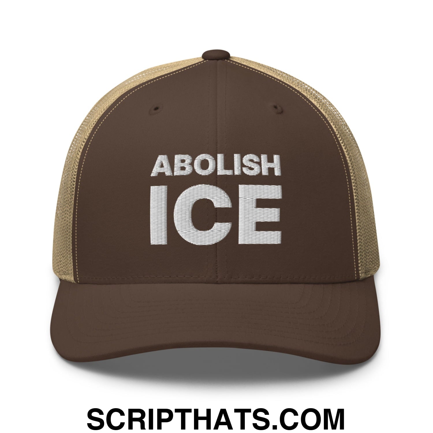 Abolish ICE Embroidered Mesh Trucker Hat Brown Khaki