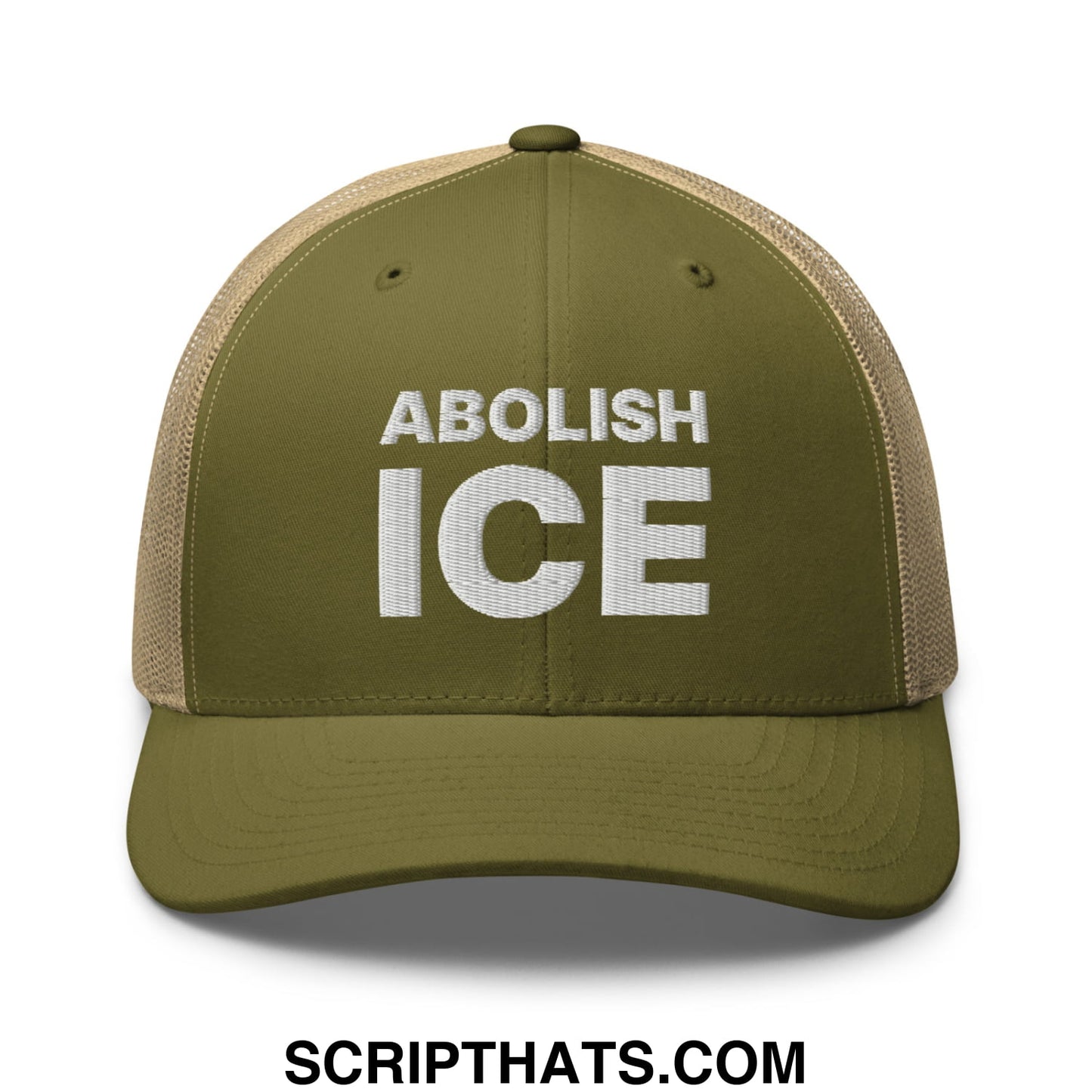 Abolish ICE Embroidered Mesh Trucker Hat Moss Khaki