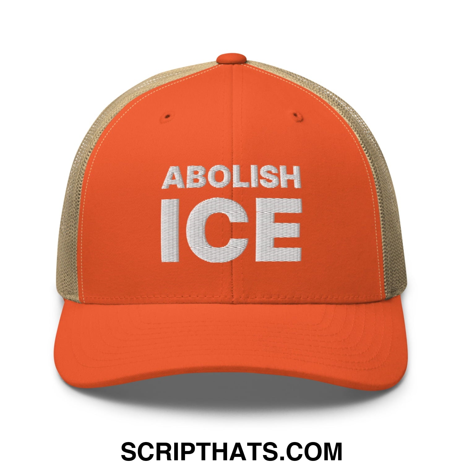 Abolish ICE Embroidered Mesh Trucker Hat Rustic Orange Khaki