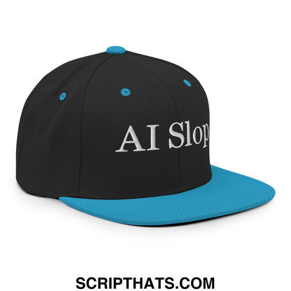 Black snapback hat with teal flat bill brim and white embroidered ai slo text featuring adjustable fit