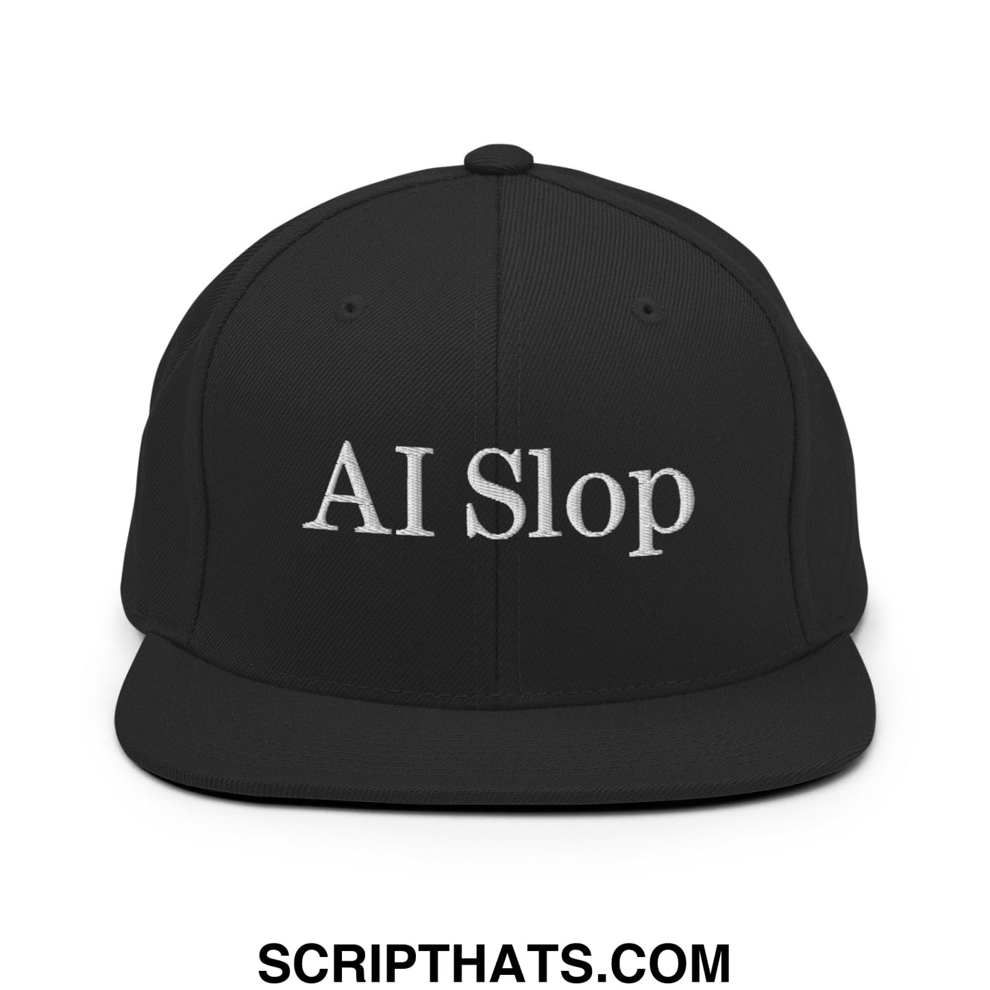 Black snapback cap with white embroidered ai slop text featuring a flat bill brim design for casual wear