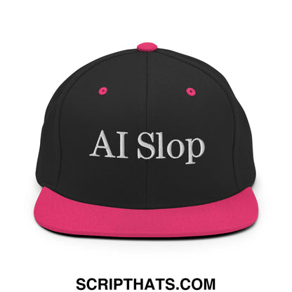 Black snapback cap with vibrant pink flat bill and button featuring white embroidered ai slop text on front