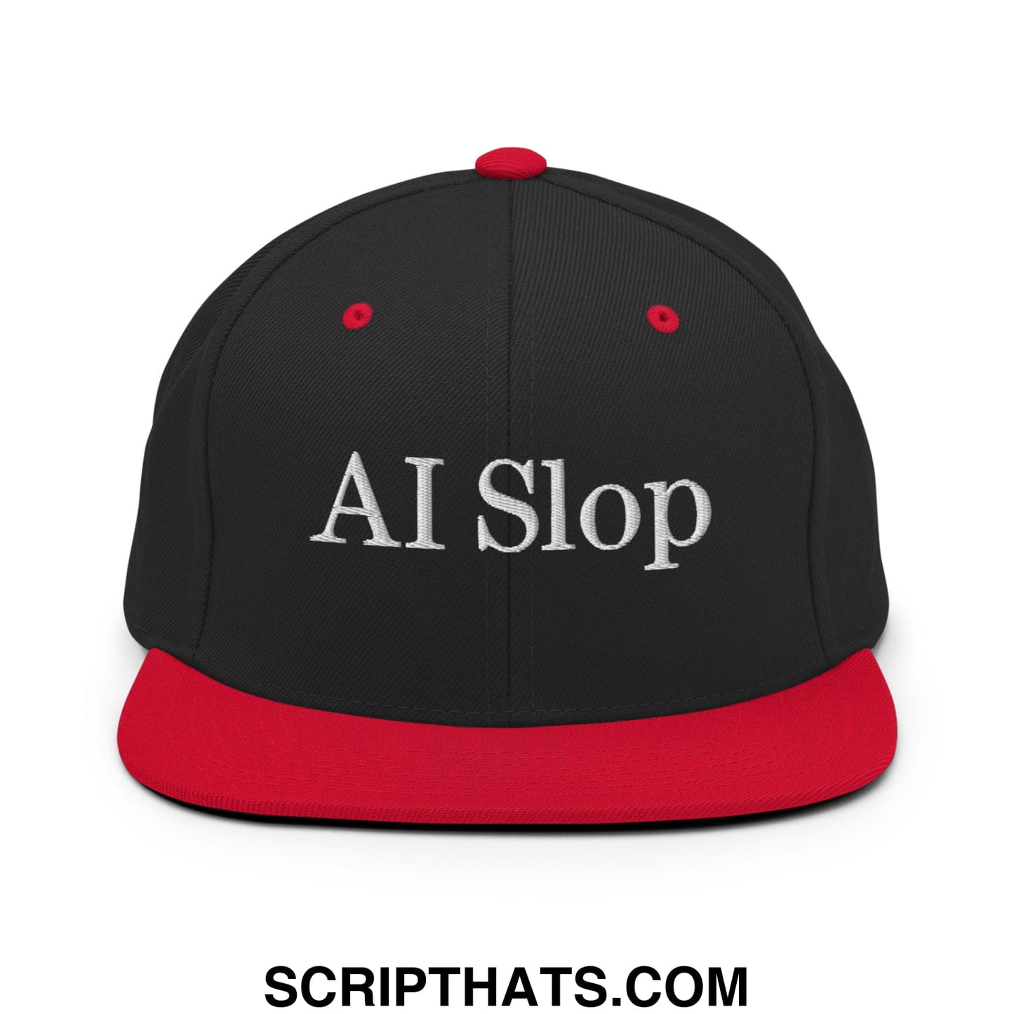 Black and red snapback hat with white embroidered ai slop text and flat bill brim design