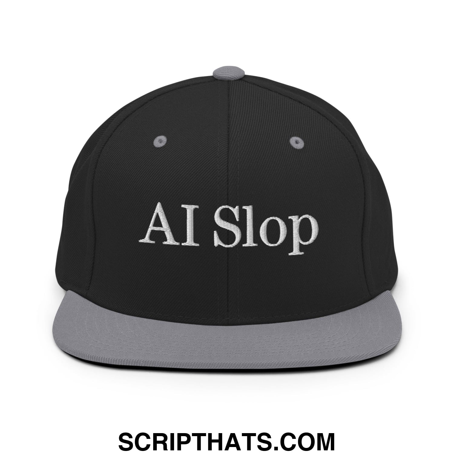 Black snapback hat with gray brim and white embroidered ai slop text on front featuring flat bill design