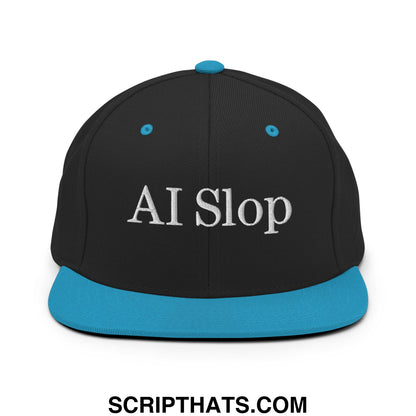 Black snapback cap with teal flat bill brim and embroidered ai slop text in white on front panel