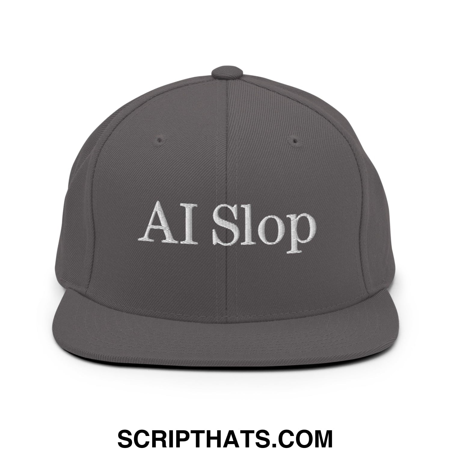 Gray snapback cap with white embroidered ai slop text and flat bill brim in a casual streetwear style