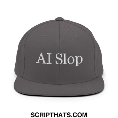 Gray snapback cap with white embroidered ai slop text and flat bill brim in a casual streetwear style