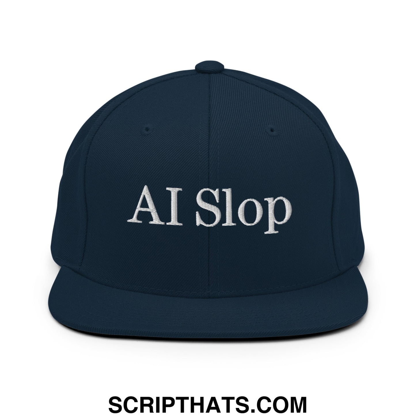 A navy blue snapback hat with ai slop embroidered in white thread on the flat bill brim front panel