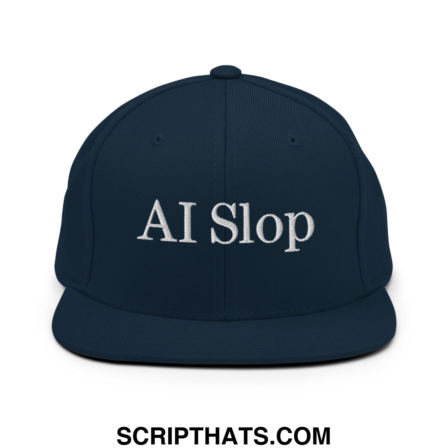 A navy blue snapback hat with ai slop embroidered in white thread on the flat bill brim front panel