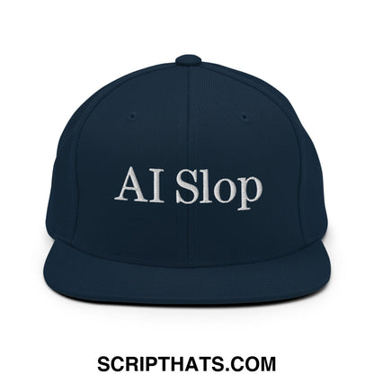 A navy blue snapback hat with ai slop embroidered in white thread on the flat bill brim front panel