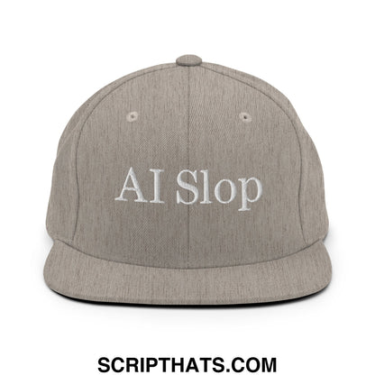 A gray snapback hat with white embroidered ai slop text on a flat bill brim for casual wear