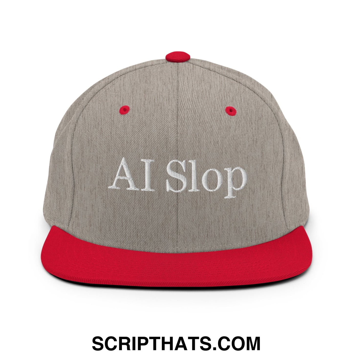 Gray and red snapback hat with white embroidered ai slop text and flat bill brim for casual wear