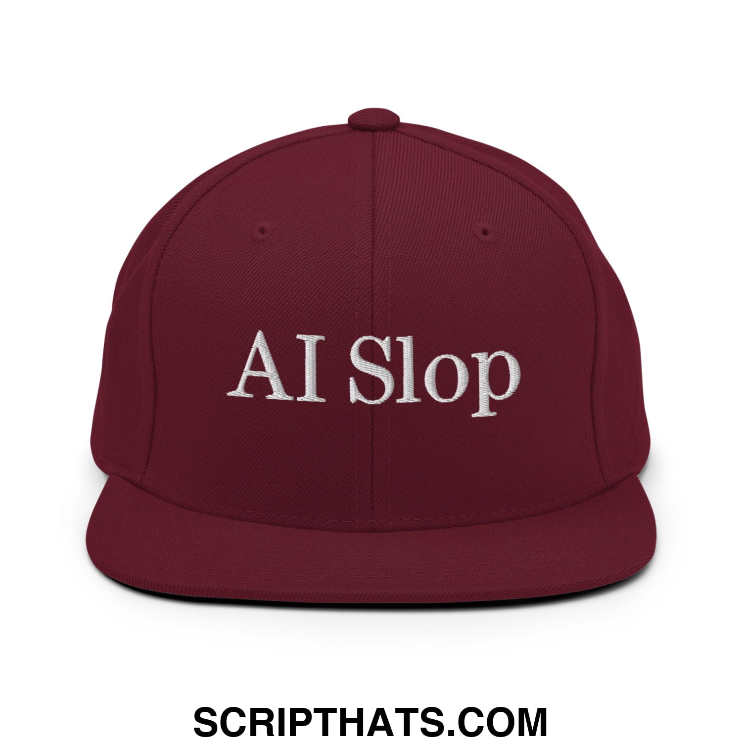 Maroon AI Slop embroidered flat bill brim snapback hat showcasing white text on the front panel
