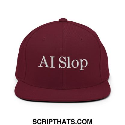 Maroon AI Slop embroidered flat bill brim snapback hat showcasing white text on the front panel
