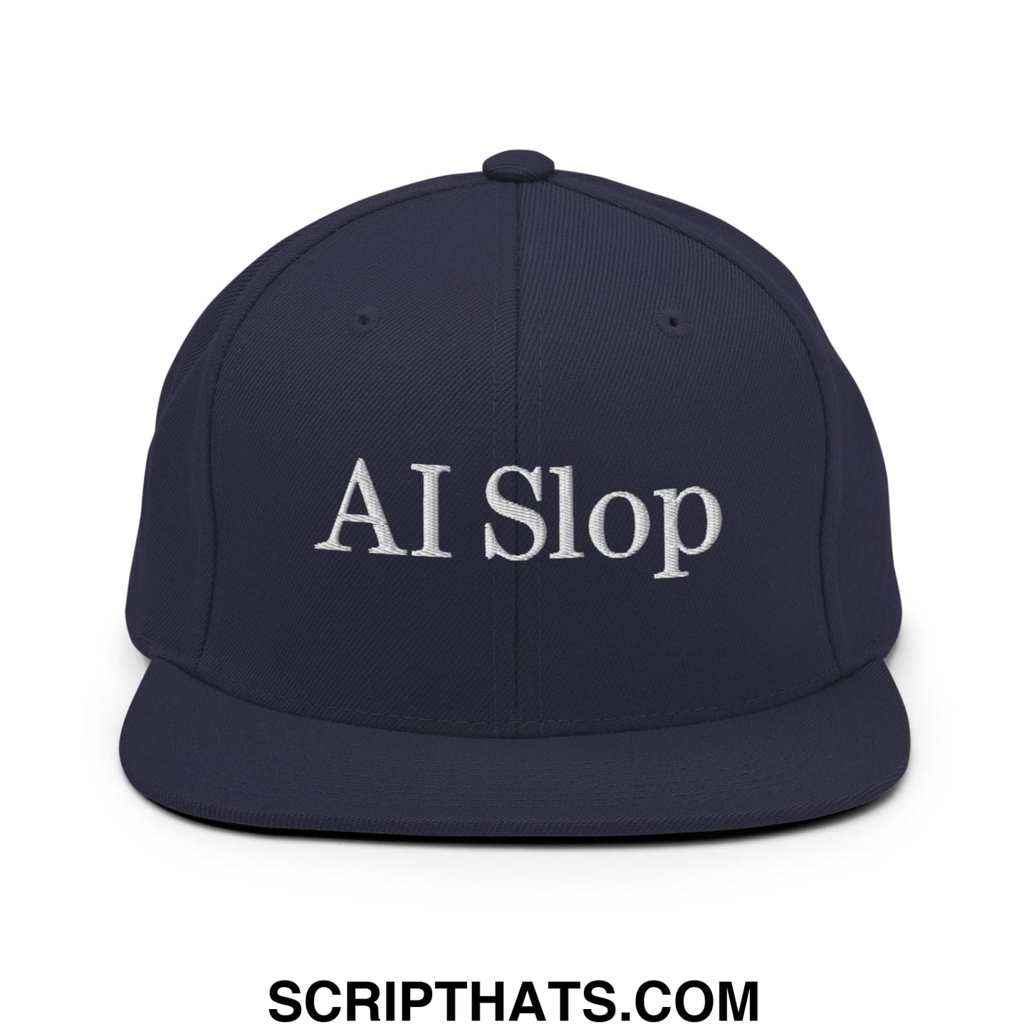 Navy blue snapback hat with white embroidered ai slop text and flat bill brim perfect for casual wear