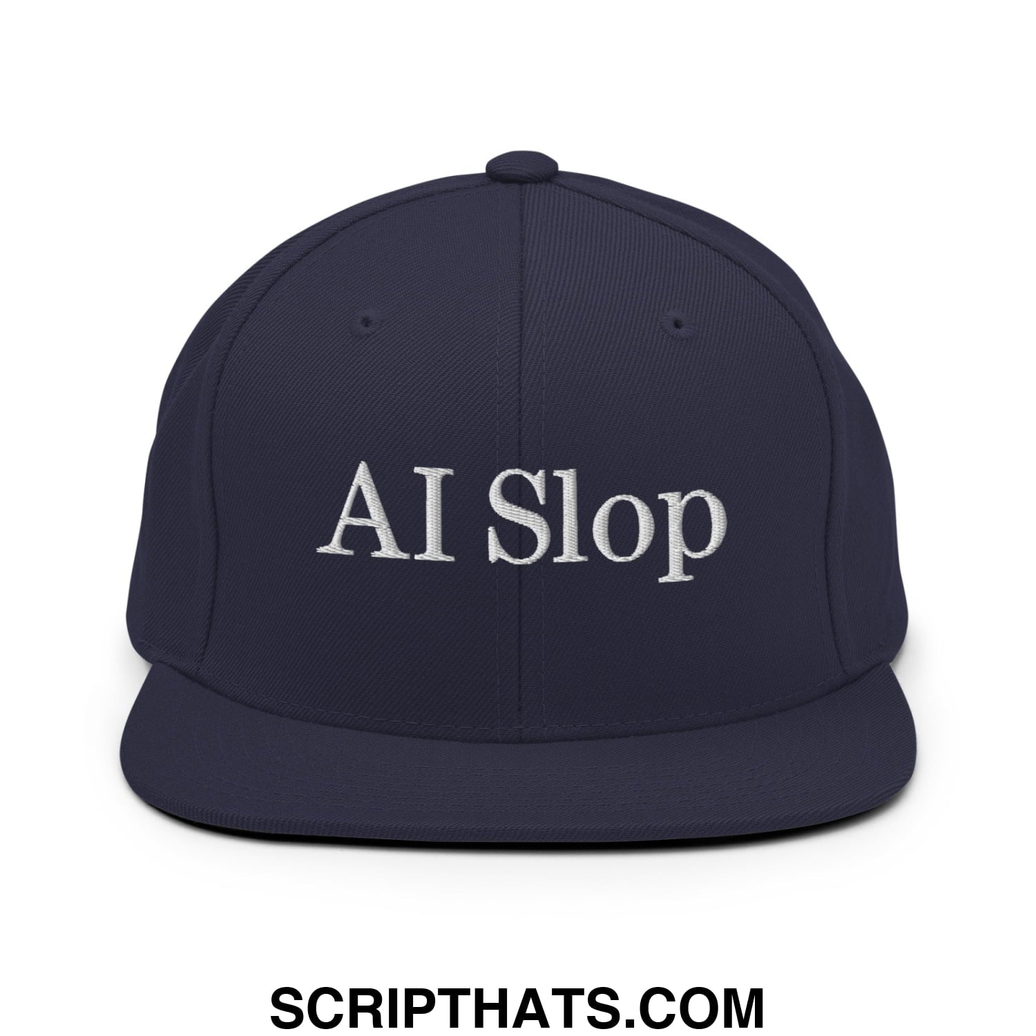 Navy blue snapback hat with white embroidered ai slop text and flat bill brim perfect for casual wear