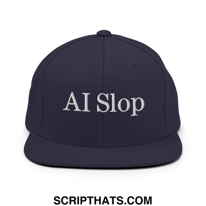 Navy blue snapback hat with white embroidered ai slop text and flat bill brim perfect for casual wear