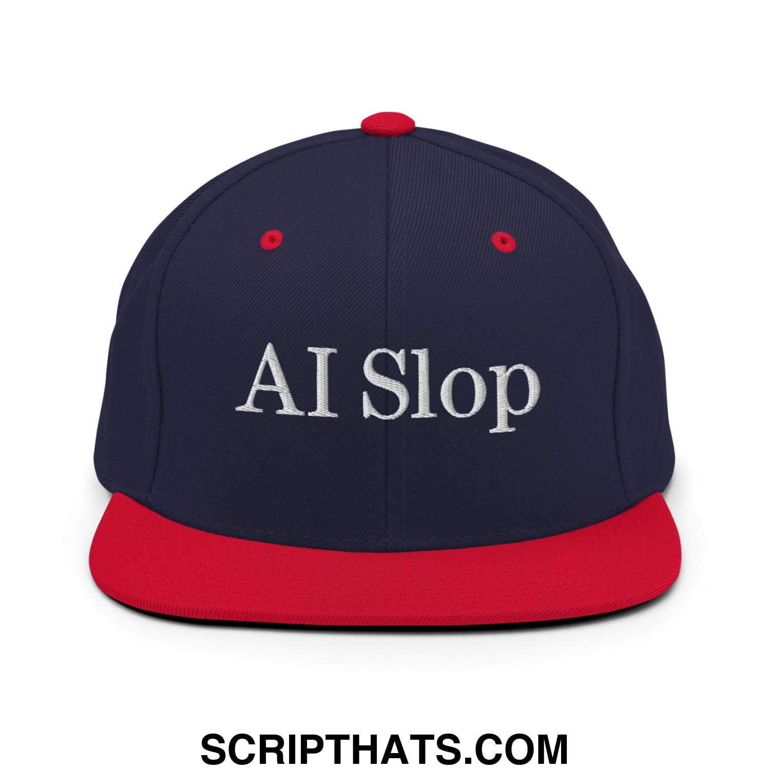 Navy blue and red snapback cap with white embroidered ai slop text and flat bill brim for casual wear