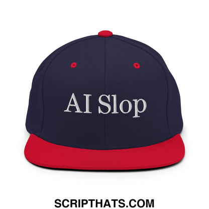 Navy blue and red snapback cap with white embroidered ai slop text and flat bill brim for casual wear