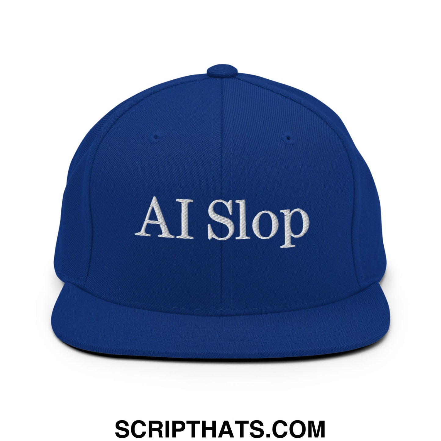 Royal blue snapback hat with flat bill brim and white embroidered ai slop text on the front panel
