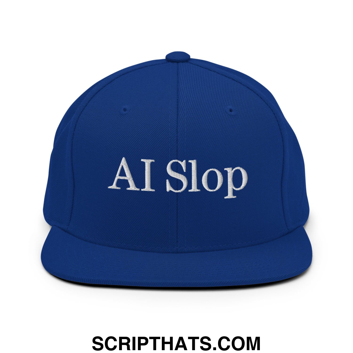 Royal blue snapback hat with flat bill brim and white embroidered ai slop text on the front panel