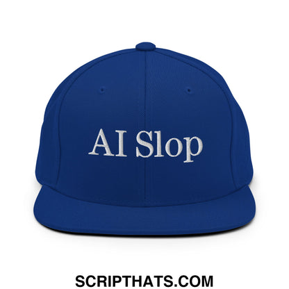 Royal blue snapback hat with flat bill brim and white embroidered ai slop text on the front panel