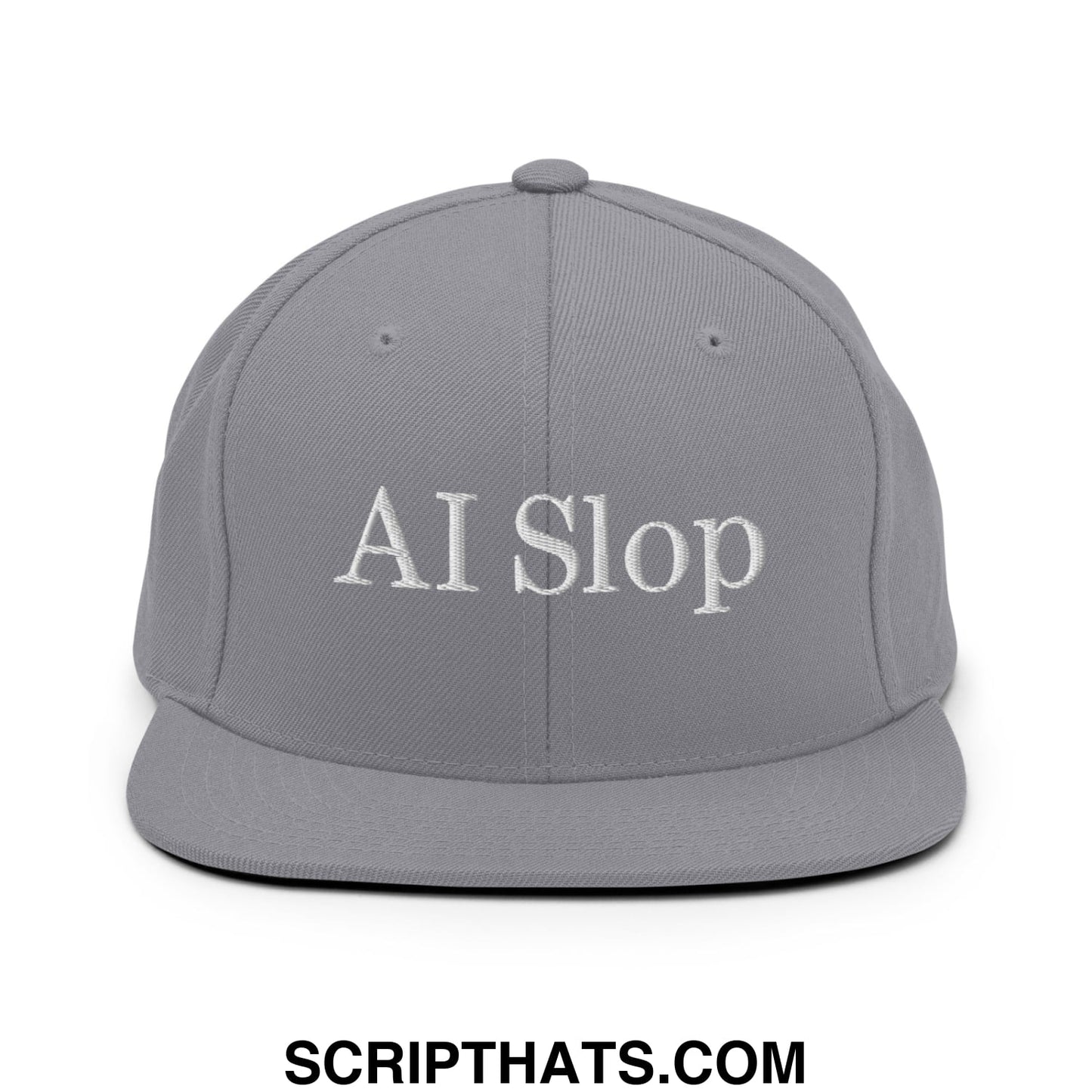Gray snapback cap with white embroidered ai slop text and flat bill brim for casual streetwear use