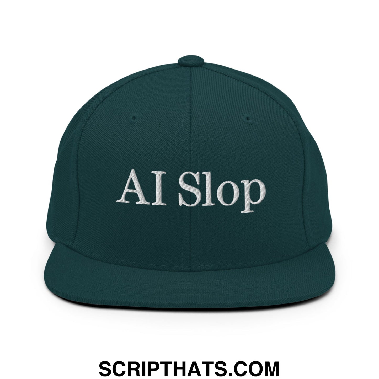 Dark green snapback hat with white embroidered ai slop text and flat bill brim for casual wear