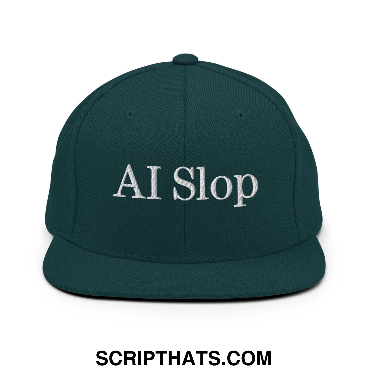 Dark green snapback hat with white embroidered ai slop text and flat bill brim for casual wear