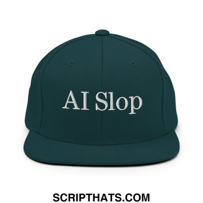 Dark green snapback hat with white embroidered ai slop text and flat bill brim for casual wear