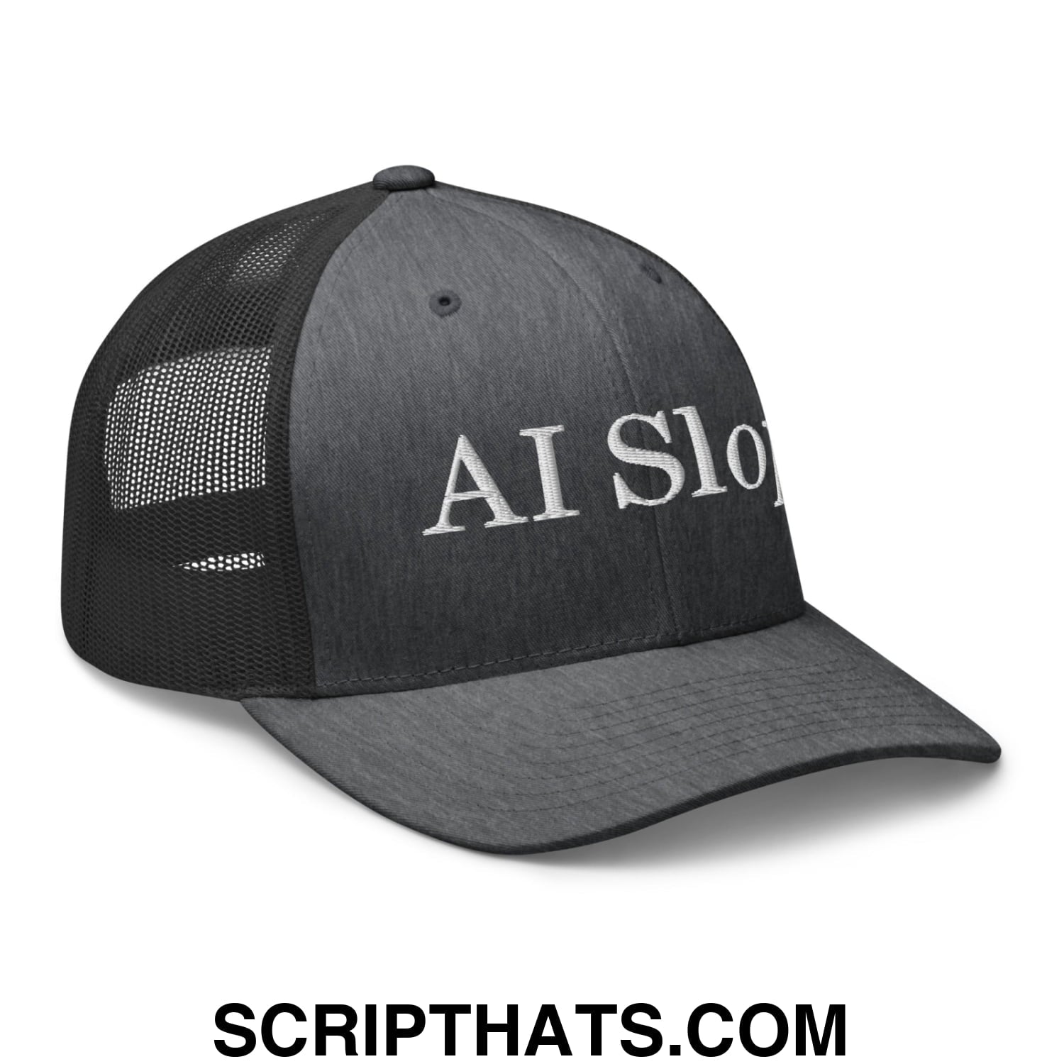 Black mesh trucker hat with white embroidered ai slo lettering on front panel in ai slop embroidered design