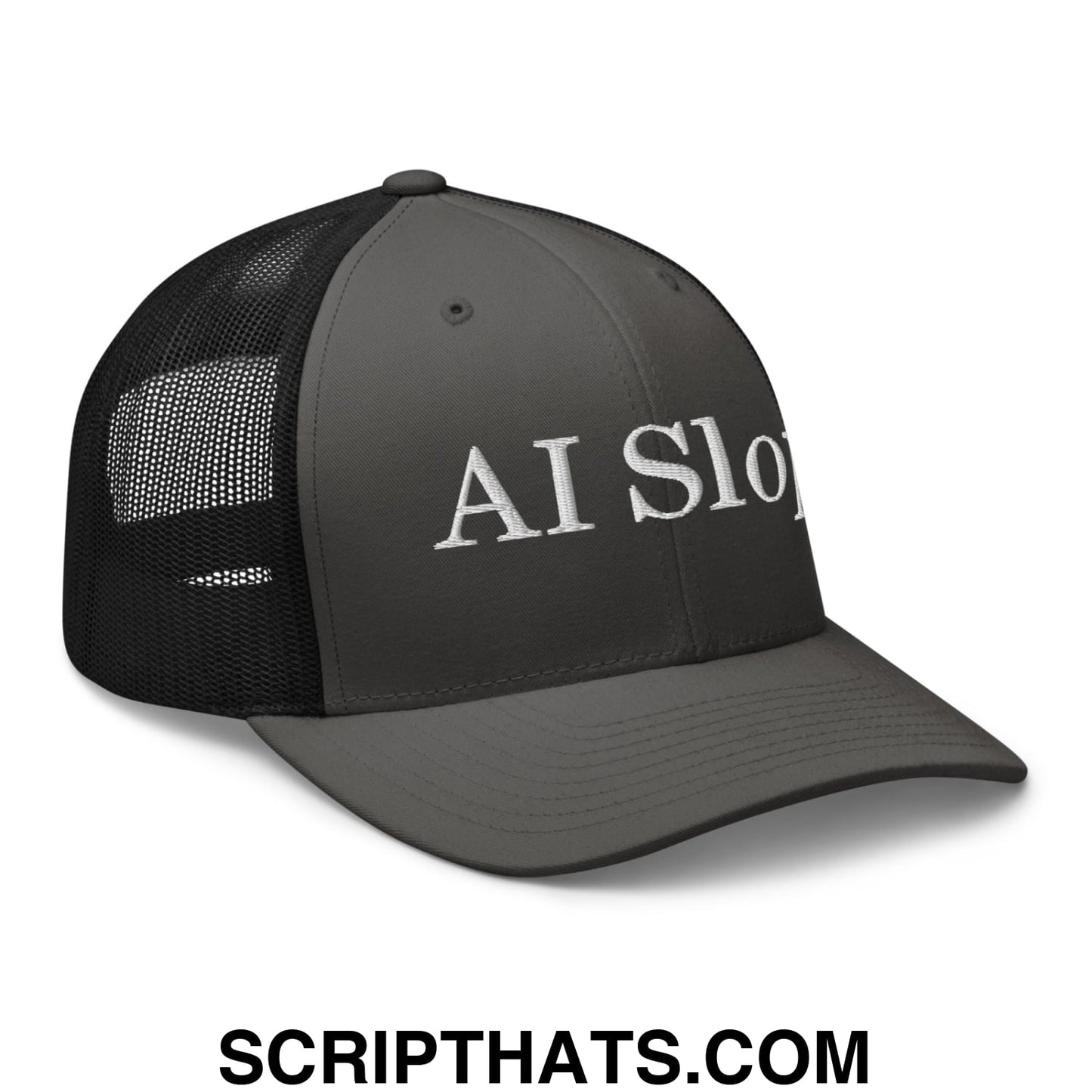 Dark gray ai slop embroidered mesh trucker hat with black mesh back and white text on the front
