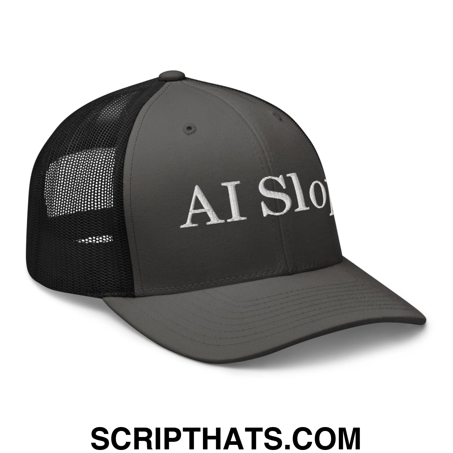 Dark gray ai slop embroidered mesh trucker hat with black mesh back and white text on the front