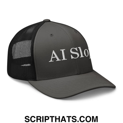 Dark gray ai slop embroidered mesh trucker hat with black mesh back and white text on the front
