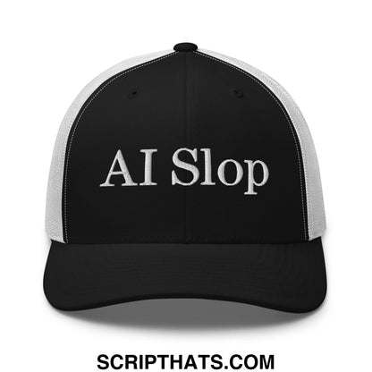 Black and white mesh trucker hat with ai slop embroidered in silver thread across the front panel