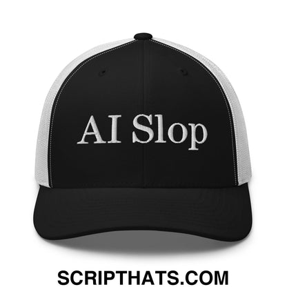 Black and white mesh trucker hat with ai slop embroidered in silver thread across the front panel