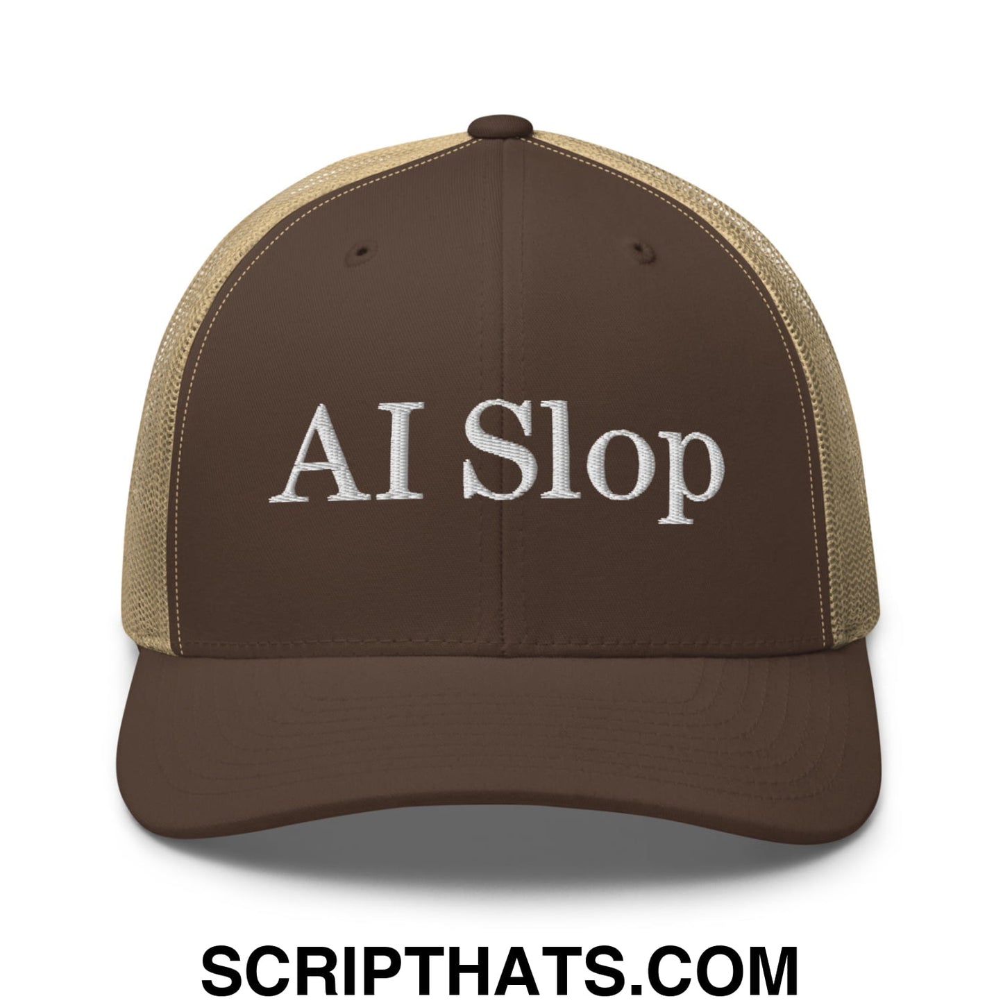 Brown and tan mesh trucker hat with ai slop embroidered in white thread on the front panel