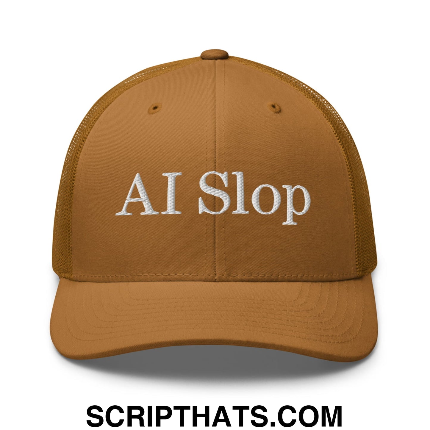 Tan mesh trucker hat with white embroidered ai slop text on front in AI Slop Embroidered Mesh Trucker Hat product