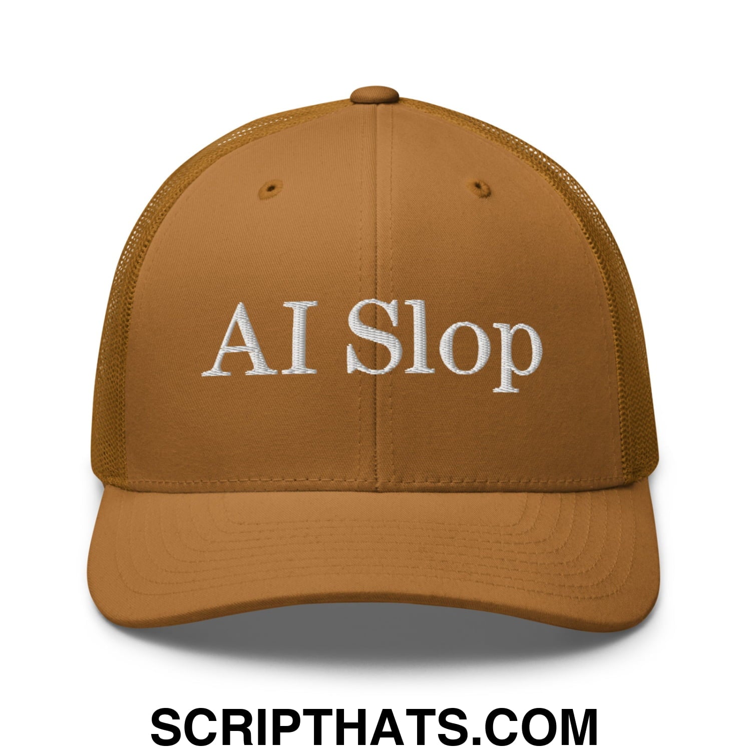 Tan mesh trucker hat with white embroidered ai slop text on front in AI Slop Embroidered Mesh Trucker Hat product