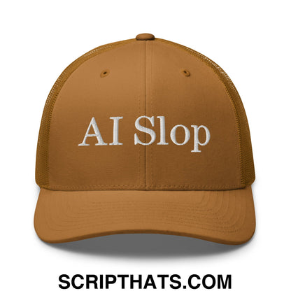 Tan mesh trucker hat with white embroidered ai slop text on front in AI Slop Embroidered Mesh Trucker Hat product