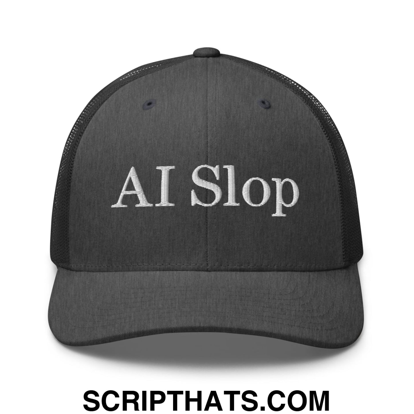 A dark gray mesh trucker hat with white embroidered ai slop text on the front for casual wear