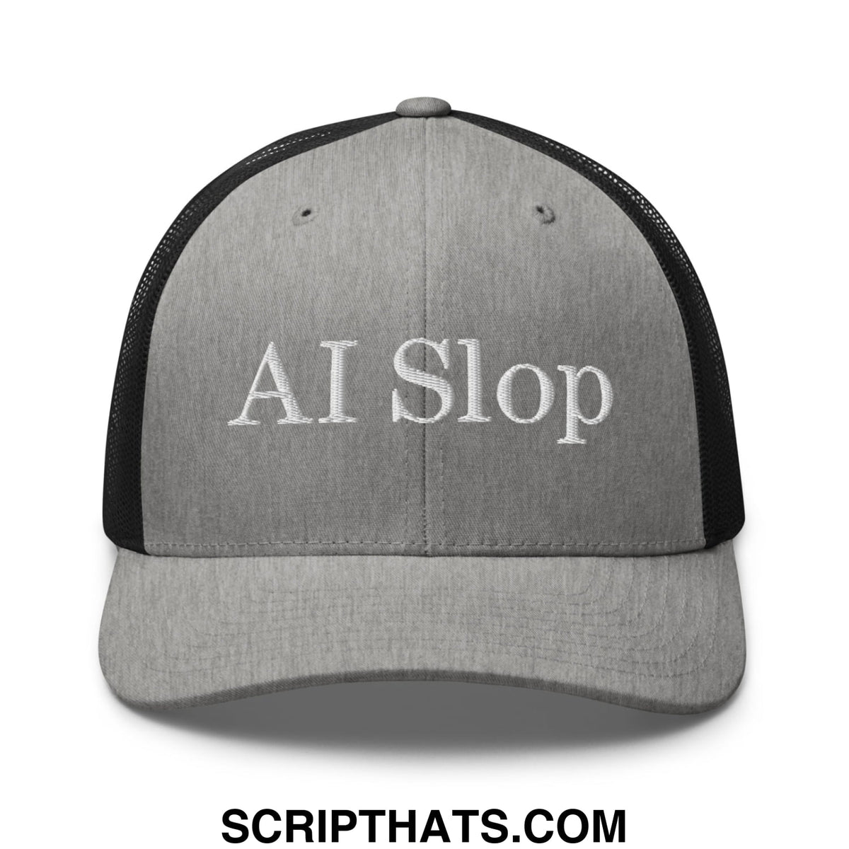 Gray and black mesh trucker hat with white embroidered ai slop text on front panel