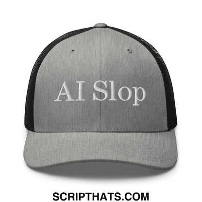 Gray and black mesh trucker hat with white embroidered ai slop text on front panel