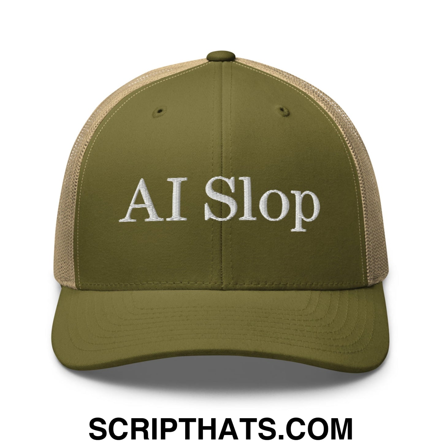 Olive green and beige mesh trucker hat with white embroidered ai slop text on the front panel